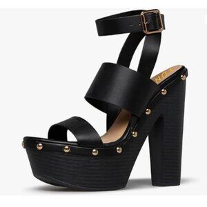 YDN Black Block Heel Platform Strappy Rivet Studded Chunky High Heels Sandals